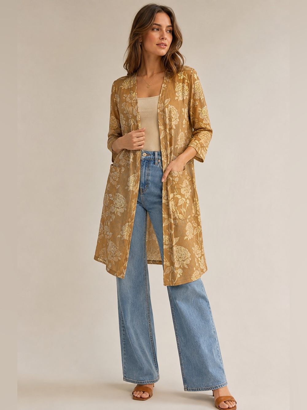 Solitaire Women’s Medium Gold Floral Longline Cardigan Duster Y2K Sheer Metallic